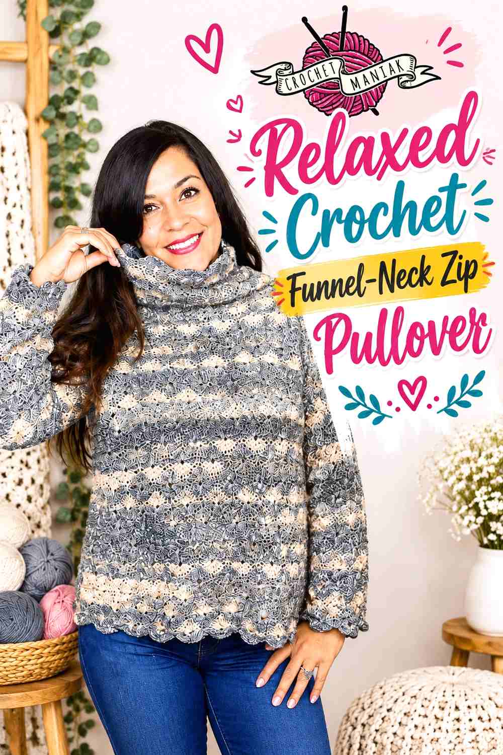 6. Relaxed Crochet Funnel-Neck Zip Pullover