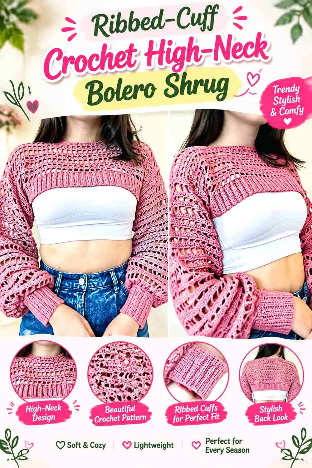 16. Ribbed-Cuff Crochet High-Neck Bolero Shrug