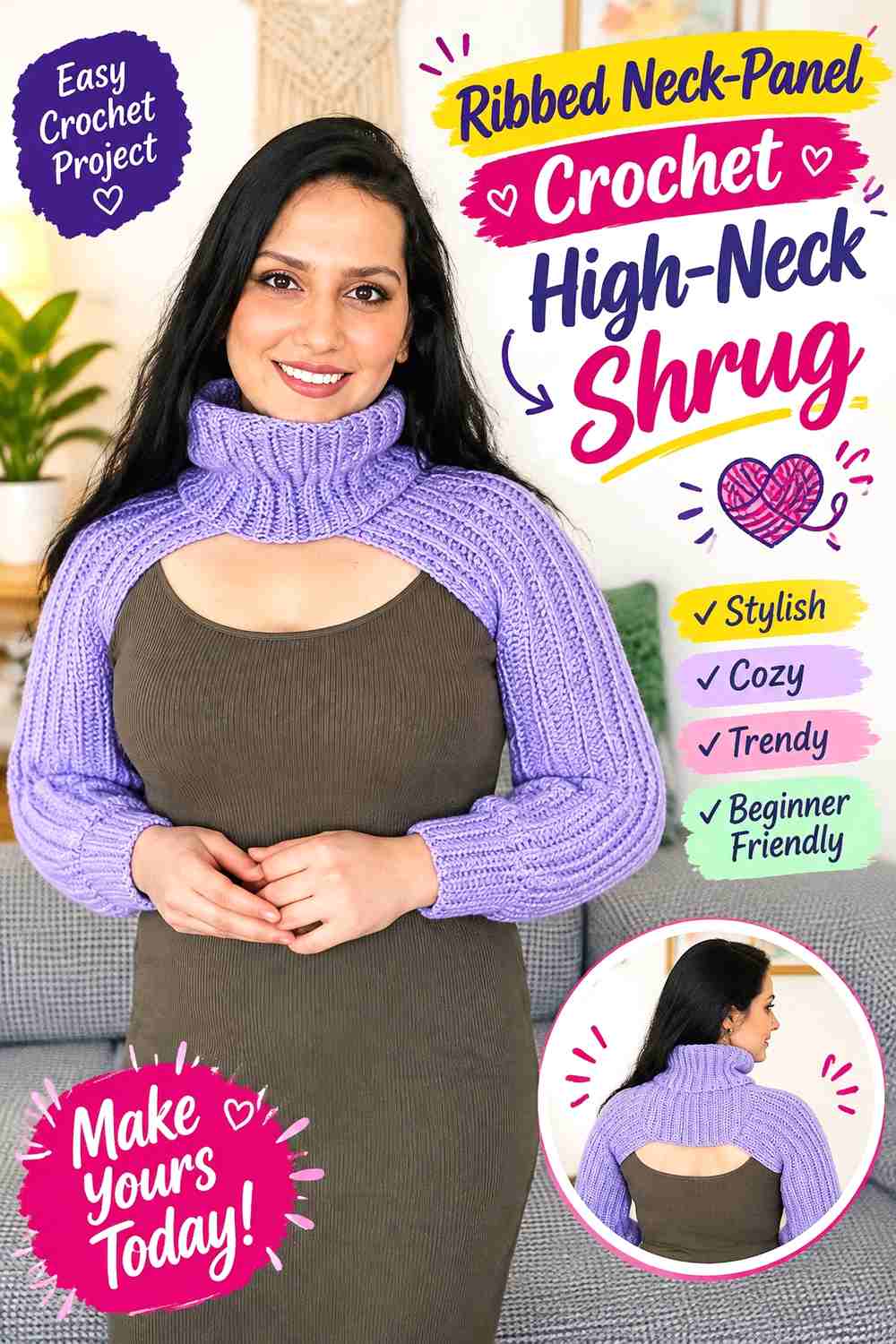 17. Ribbed Neck-Panel Crochet High-Neck Shrug