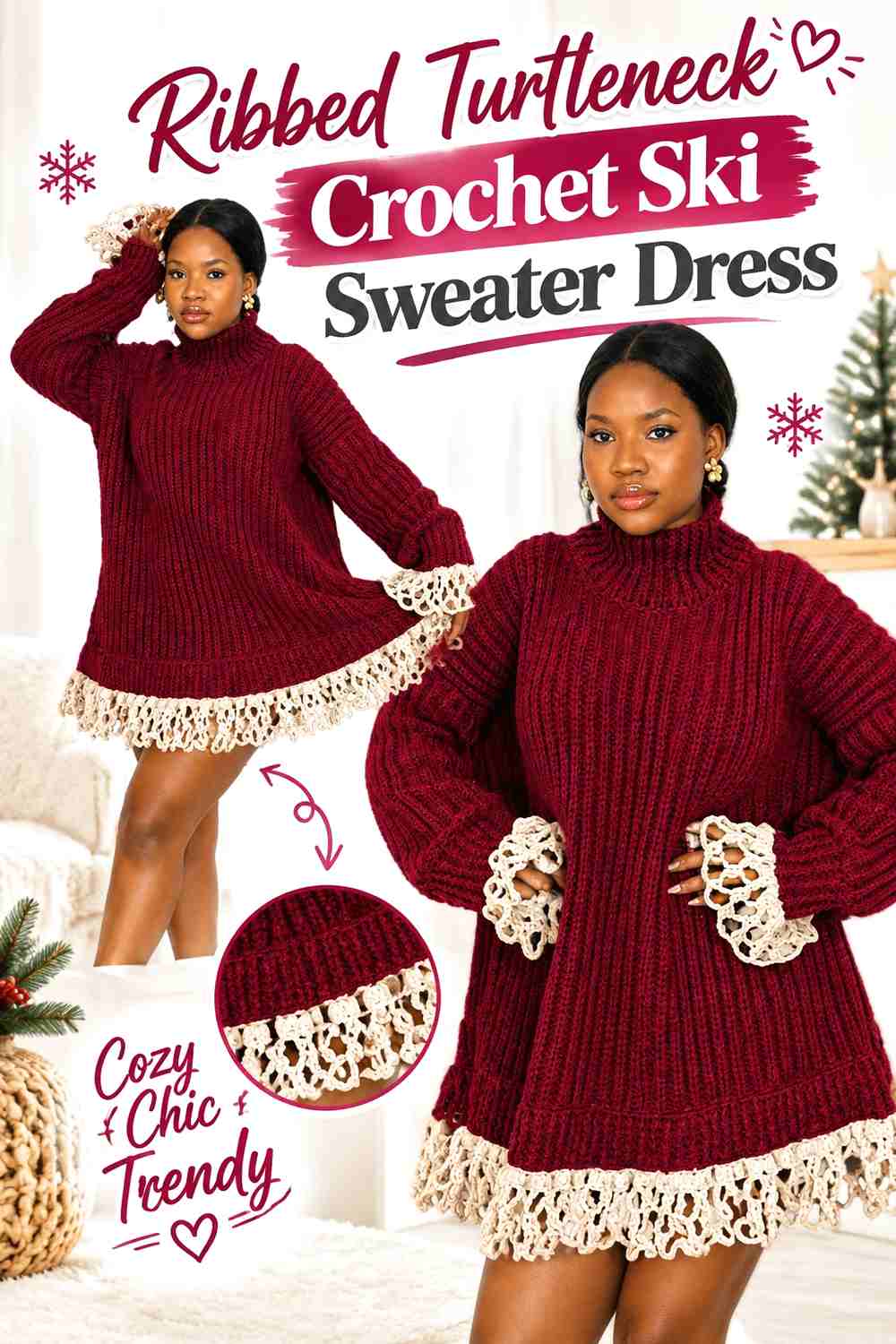 1. Ribbed Turtleneck Crochet Ski Sweater Dress