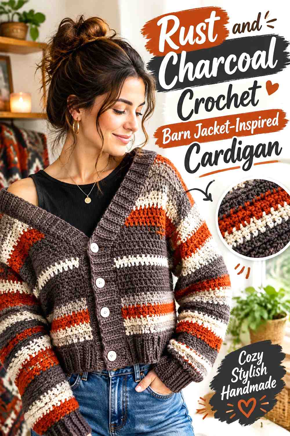 4. Rust And Charcoal Crochet Barn Jacket Inspired Cardigan