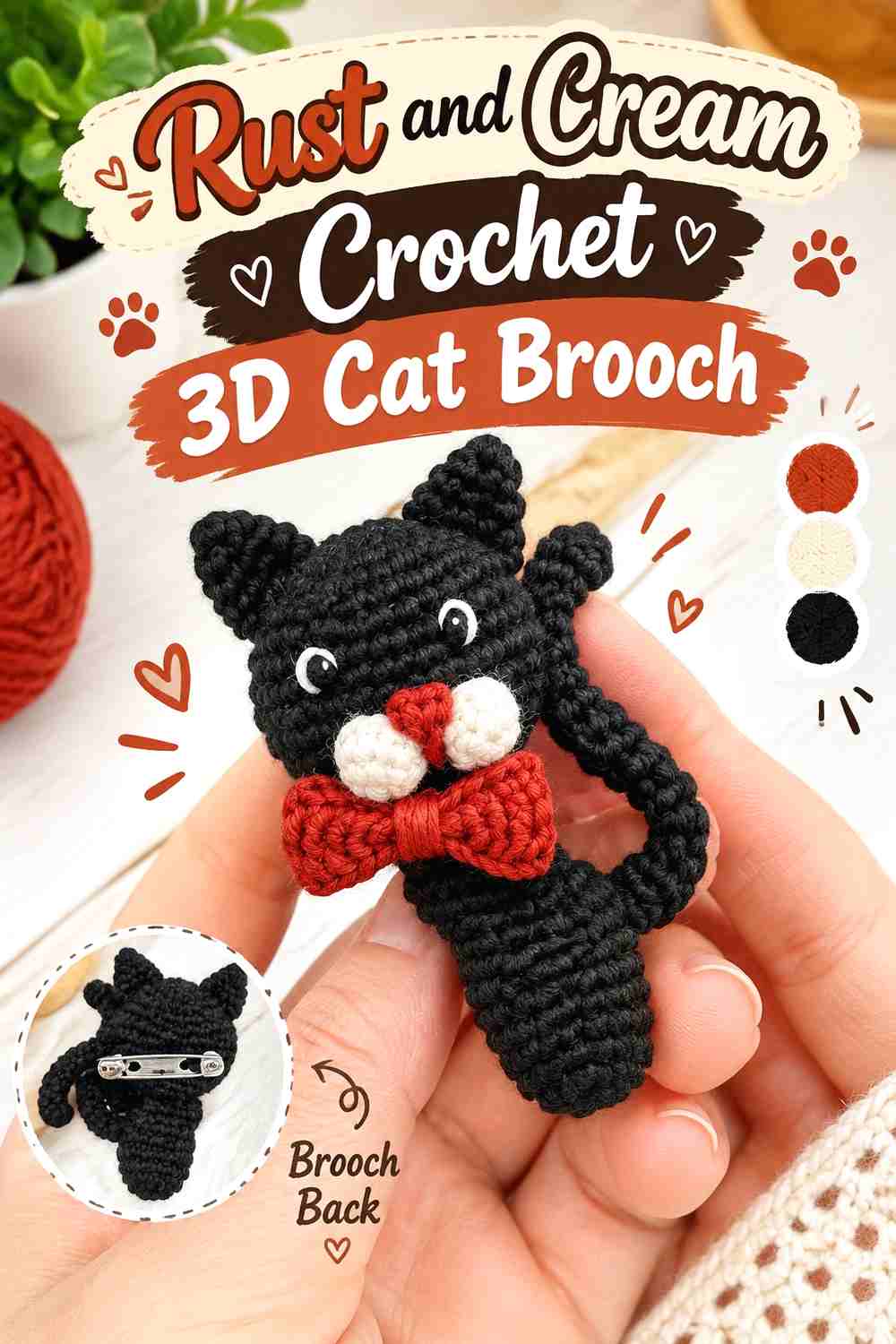 7. Rust And Cream Crochet 3d Cat Brooch
