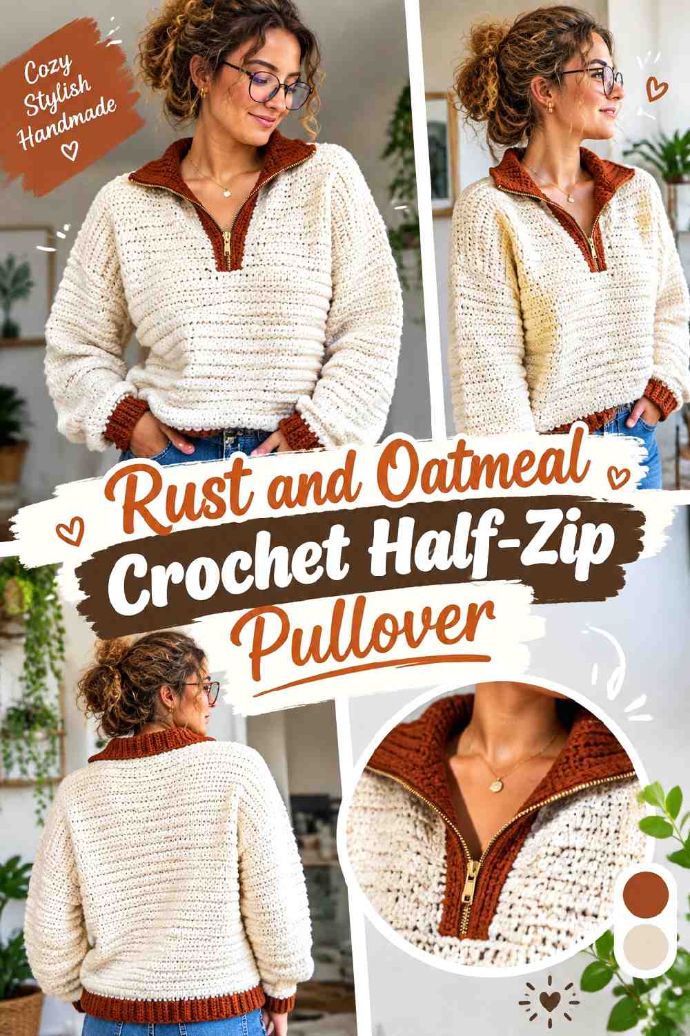 2. Rust And Oatmeal Crochet Half Zip Pullover