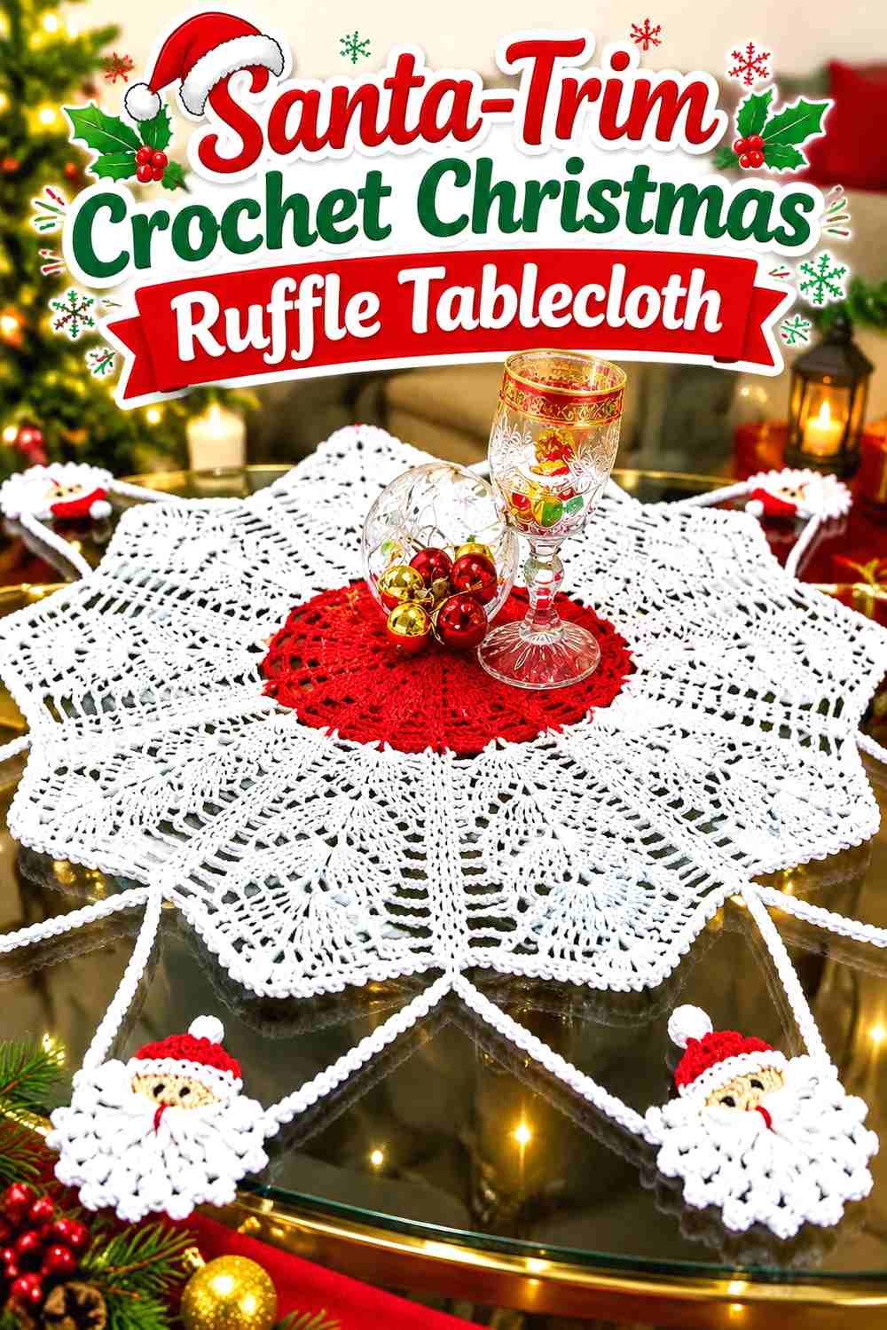 4. Santa-Trim Crochet Christmas Ruffle Tablecloth