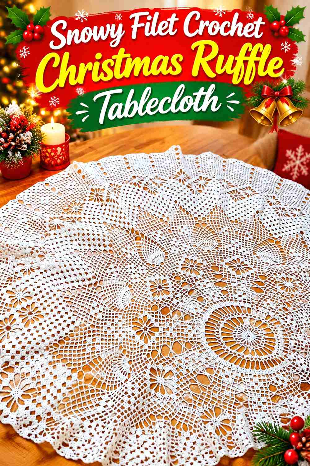 11. Snowy Filet Crochet Christmas Ruffle Tablecloth
