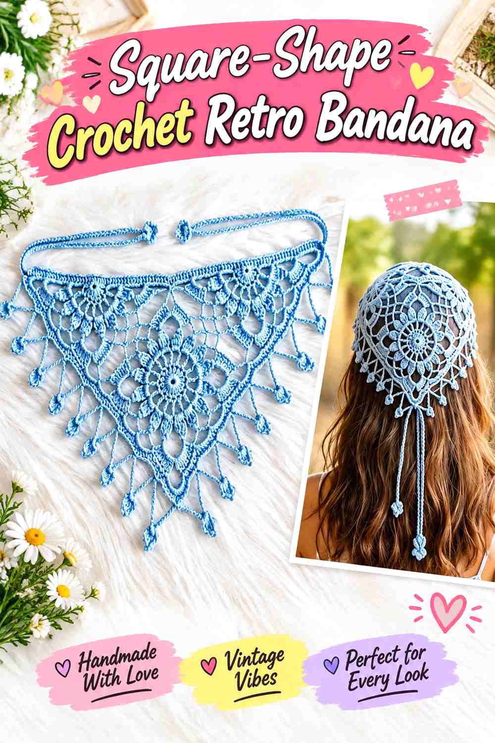 10. Square-Shape Crochet Retro Bandana