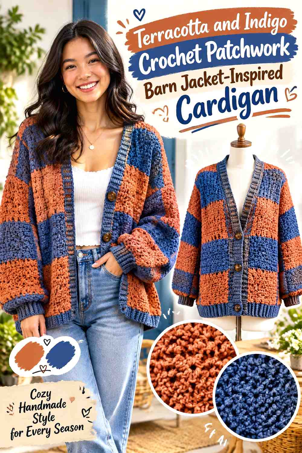 15. Terracotta And Indigo Crochet Patchwork Barn Jacket Inspired Cardigan