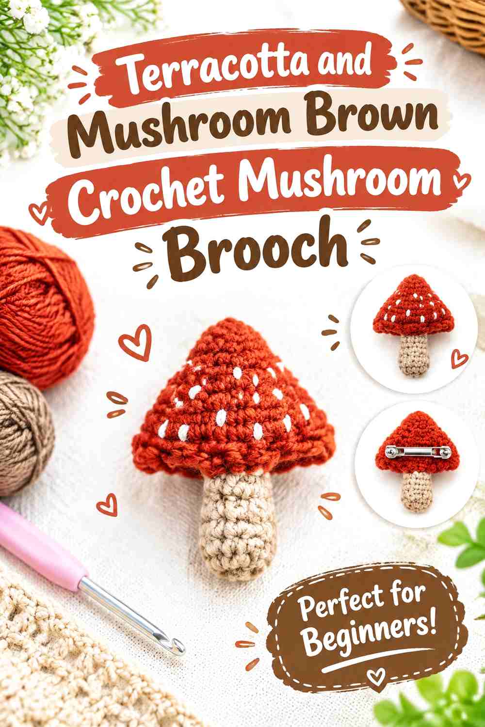 9. Terracotta And Mushroom Brown Crochet Mushroom Brooch