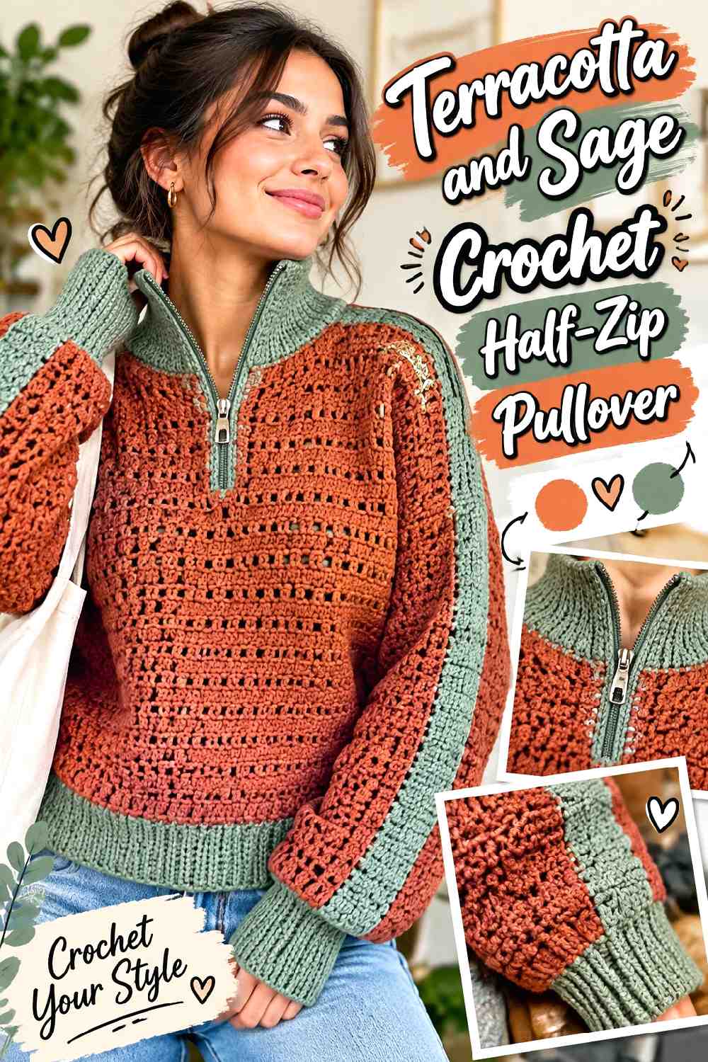 7. Terracotta And Sage Crochet Half Zip Pullover