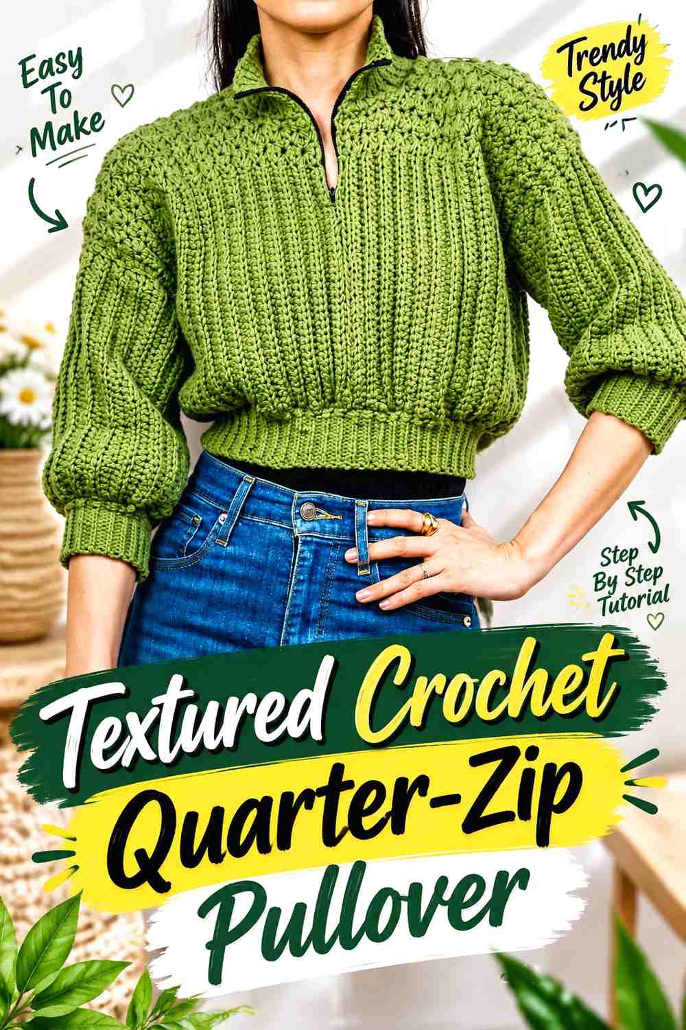 1. Textured Crochet Quarter-Zip Pullover