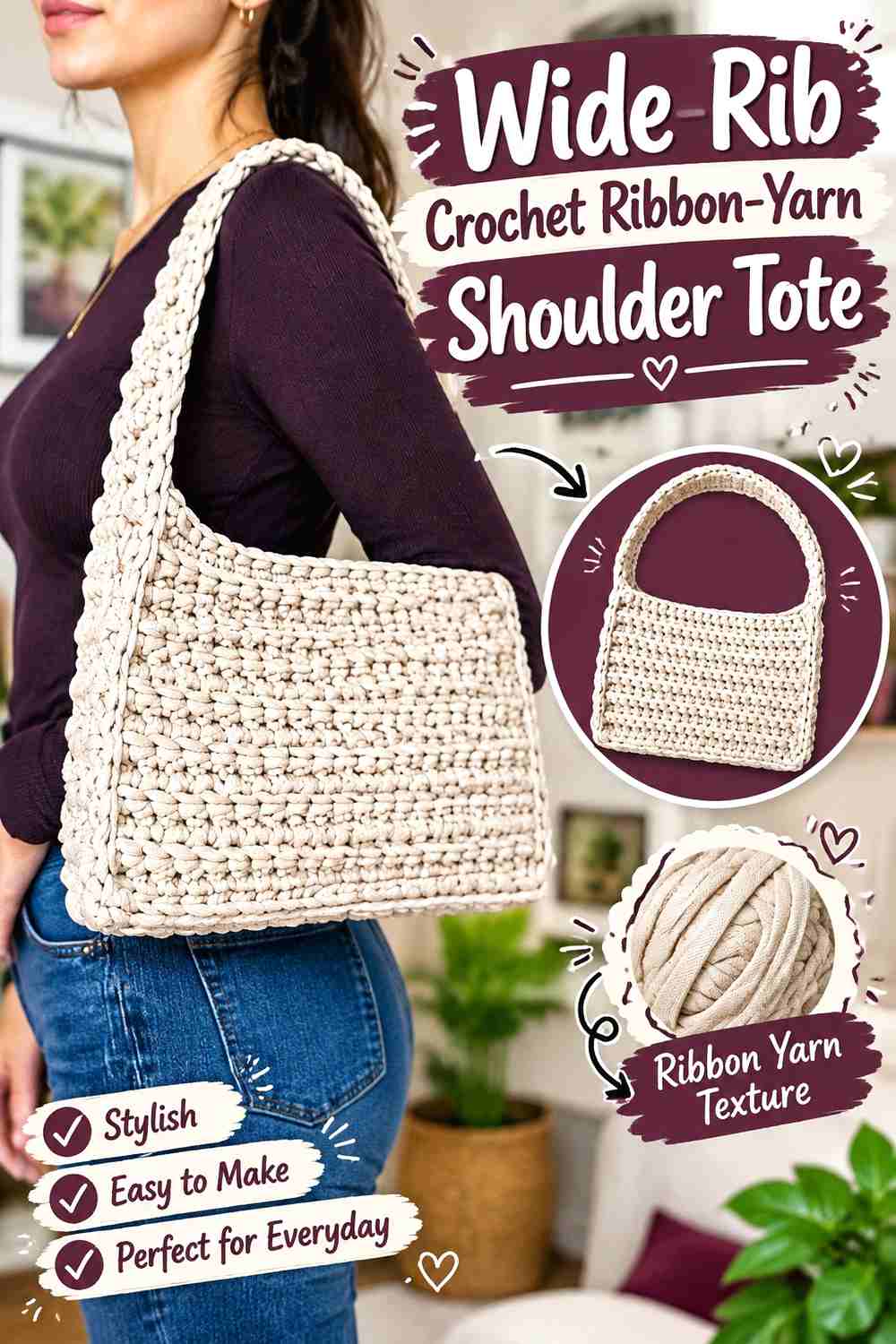 2. Wide-Rib Crochet Ribbon-Yarn Shoulder Tote